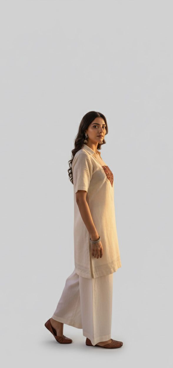 Woman wearing a beige kurta with white pants on a light gray background