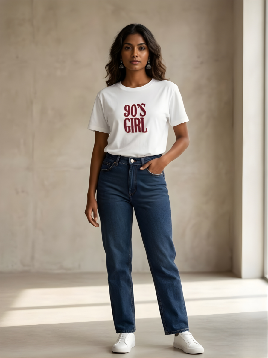 White women’s T-shirt with 90s Girl katdana embellished graphic styled with blue denim.
