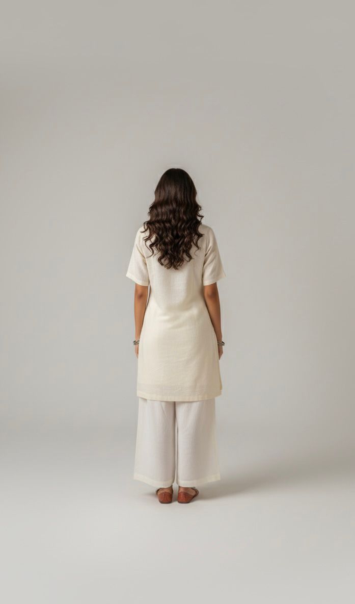 Woman wearing a beige dress with a white apron against a plain background