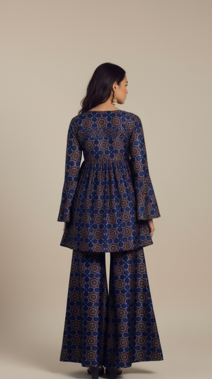 Woman wearing a blue patterned outfit on a beige background