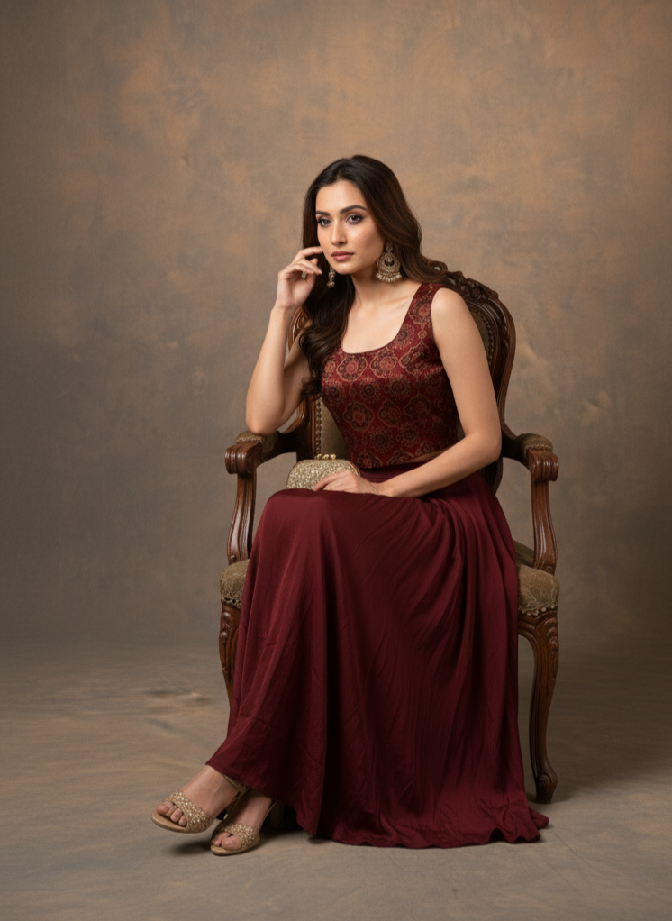 Woman in a burgundy dress sitting on a chair against a brown background