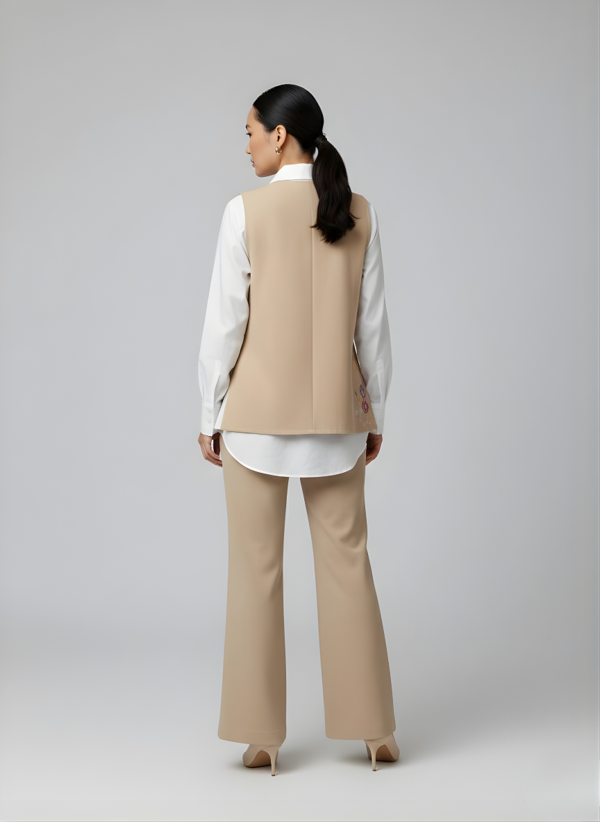 Beige Floral Embroidered Vest & White Shirt
