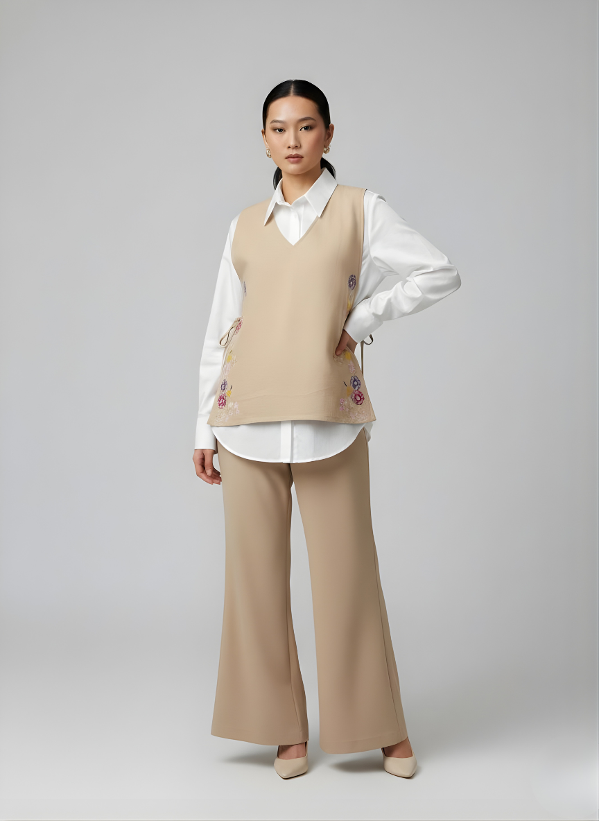Beige Floral Embroidered Vest & White Shirt