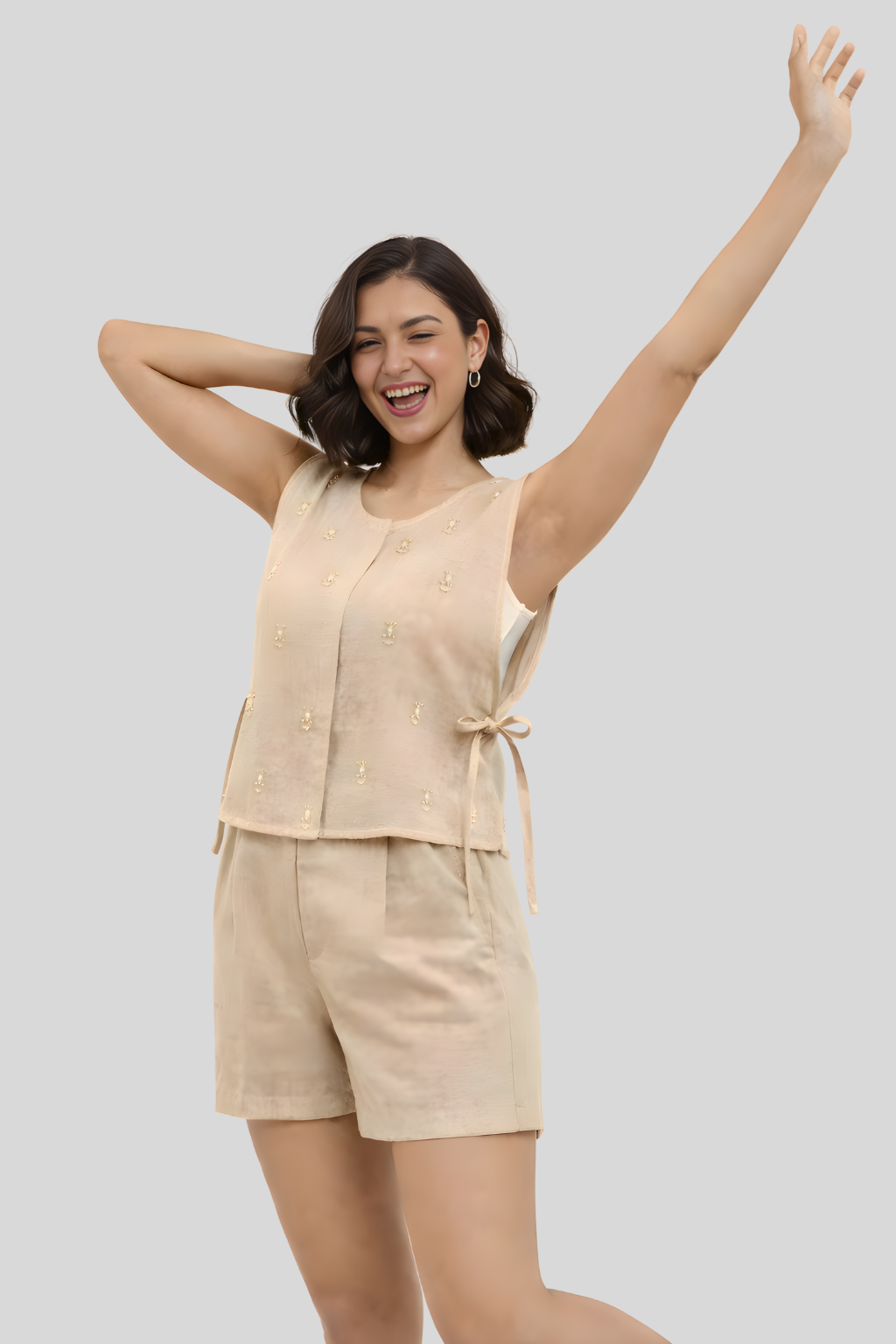 Minimal beige summer top for women with delicate embroidered detailing