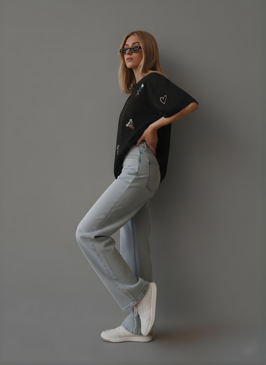 Minimal black oversized tee with stitched design details