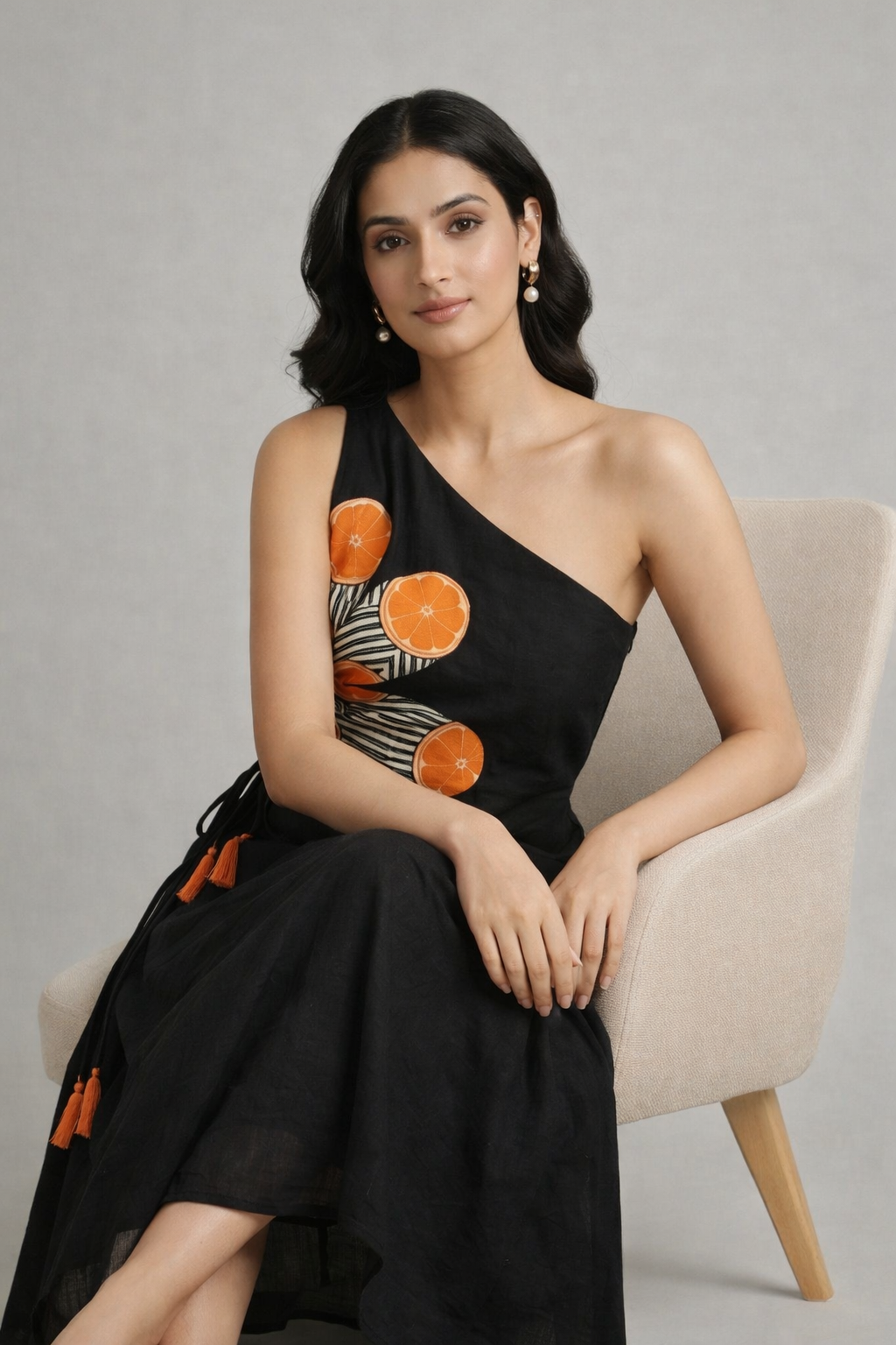 Stylish black cotton midi dress with citrus motif and one-shoulder neckline, contemporary womenswear look with minimal background