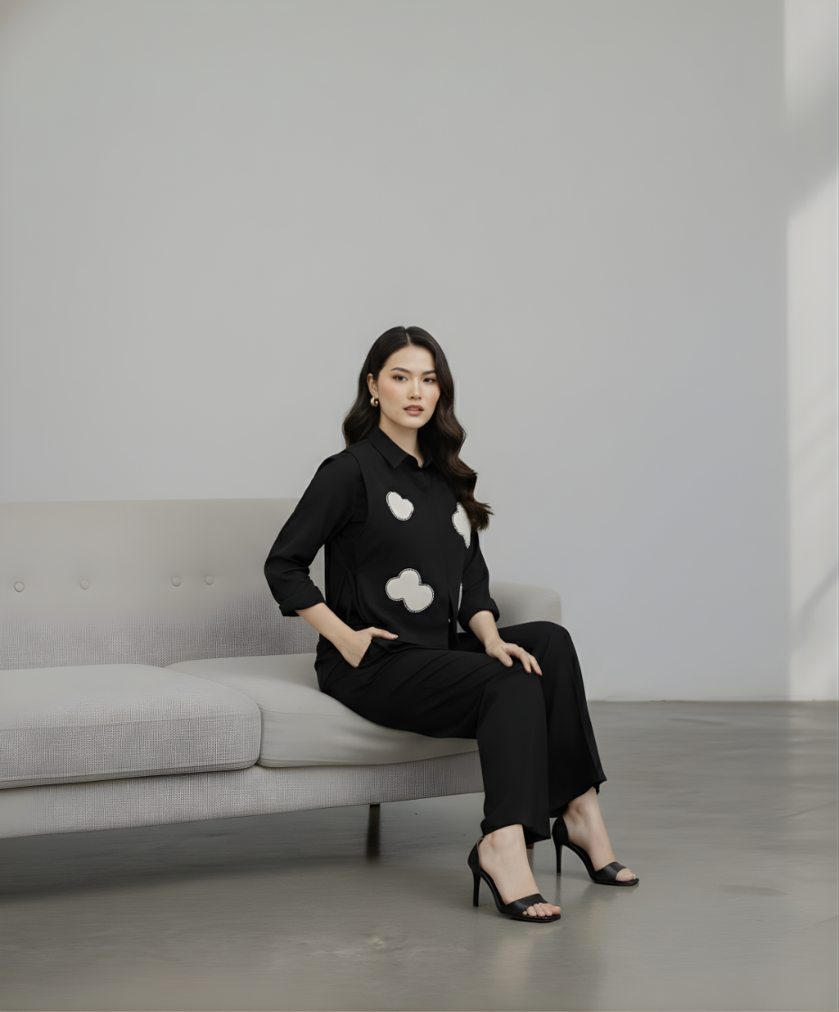Woman sitting on a gray sofa wearing a black outfit with white patterns in a minimalistic room.