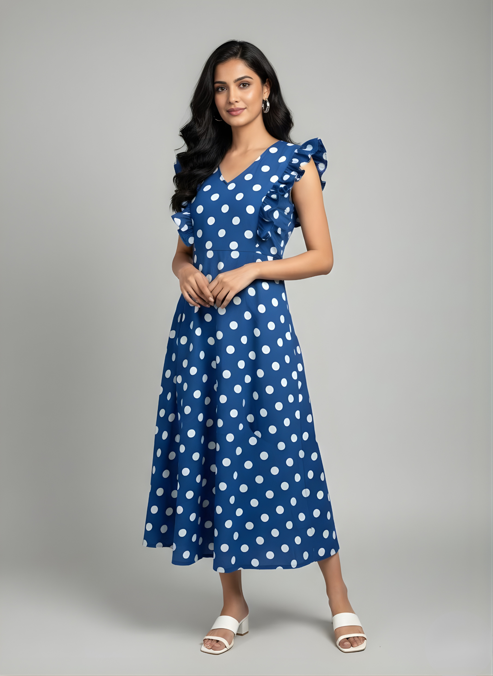 Woman wearing a blue dress with white polka dots