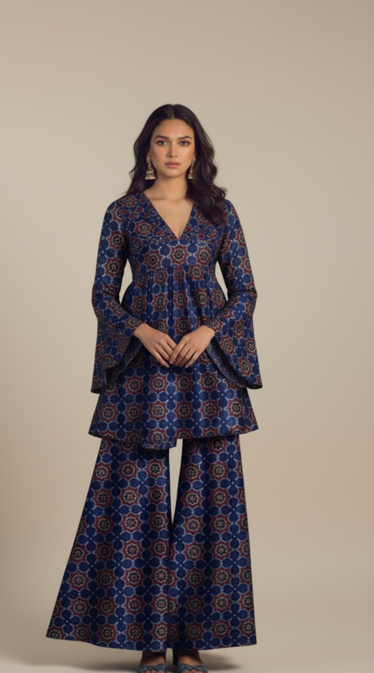 Woman wearing a blue patterned outfit against a beige background