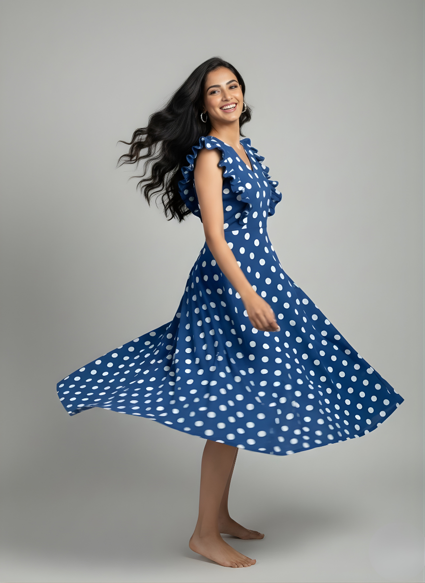 Woman wearing a blue polka dot dress