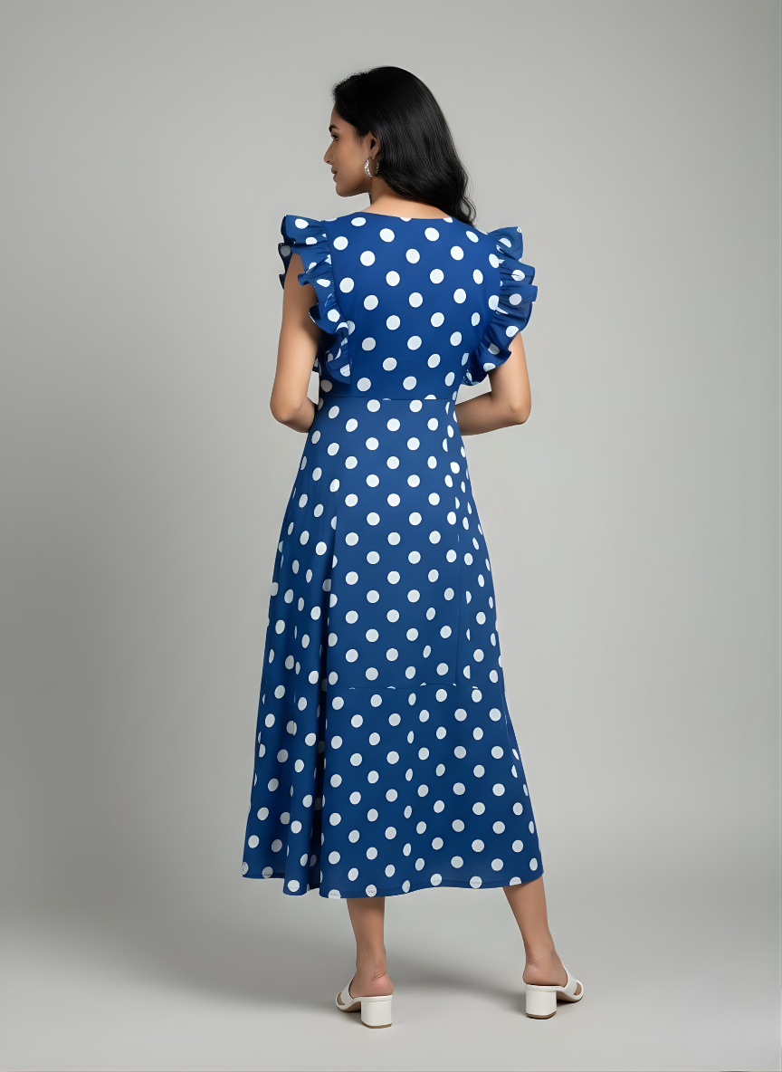 Woman wearing a blue polka dot dress against a gray background