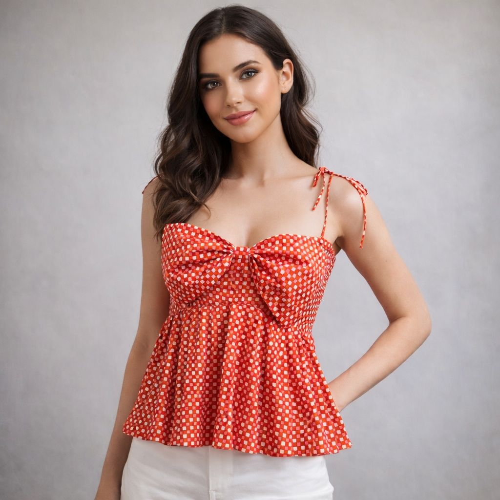 Woman wearing coral checkered peplum top with front bow detail