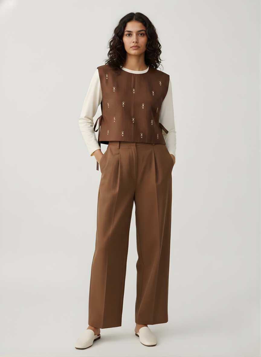 Woman wearing a brown patterned vest over a white shirt with brown pants 