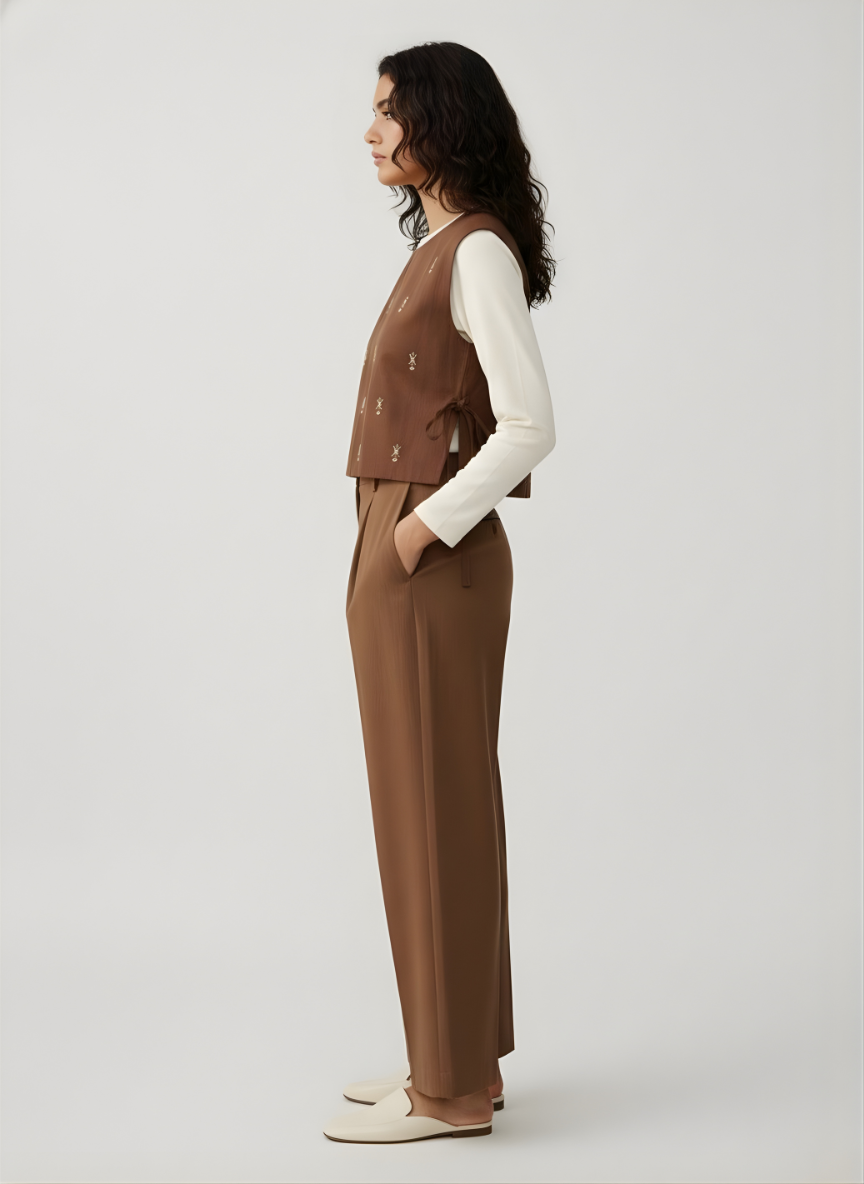 Woman wearing a brown vest and pants with a white shirt on a white background