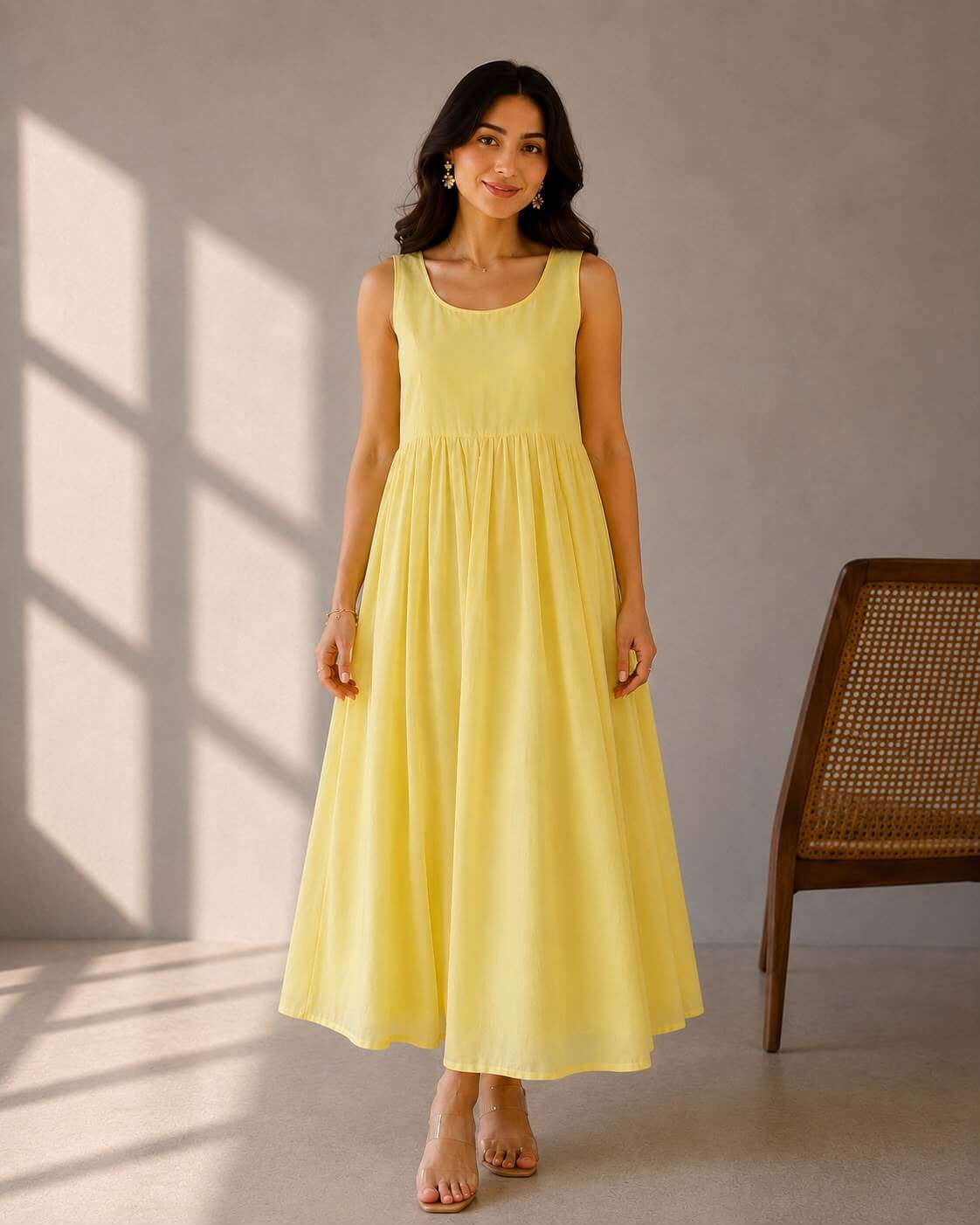 Flowy butter yellow umbrella dress with handcrafted abstract embellishments on a separate overlay vest for women