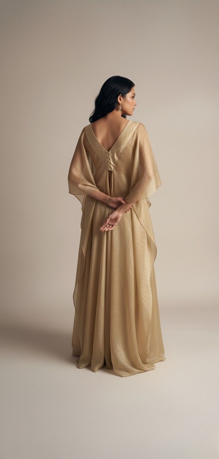 Woman wearing a beige dress against a plain background