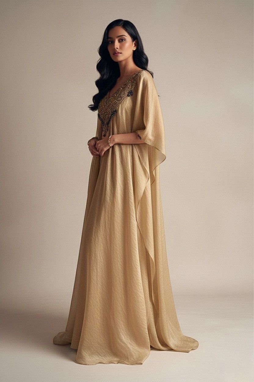 Woman wearing a beige dress with intricate detailing on a plain background