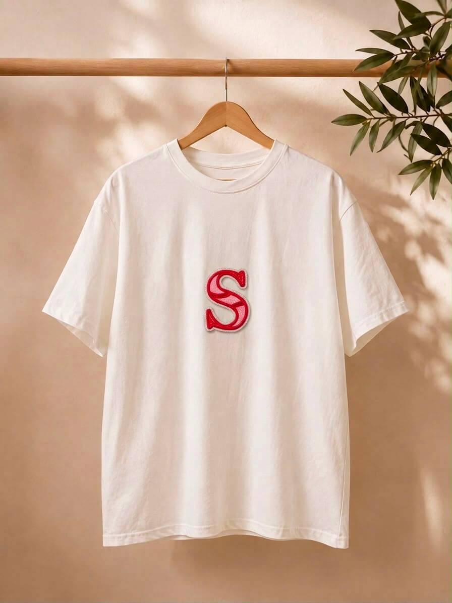 White personalised alphabet t-shirt with red embroidered letter S for custom gifting