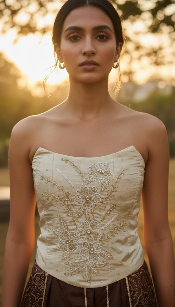 Woman wearing a strapless embroidered top with a blurred natural background
