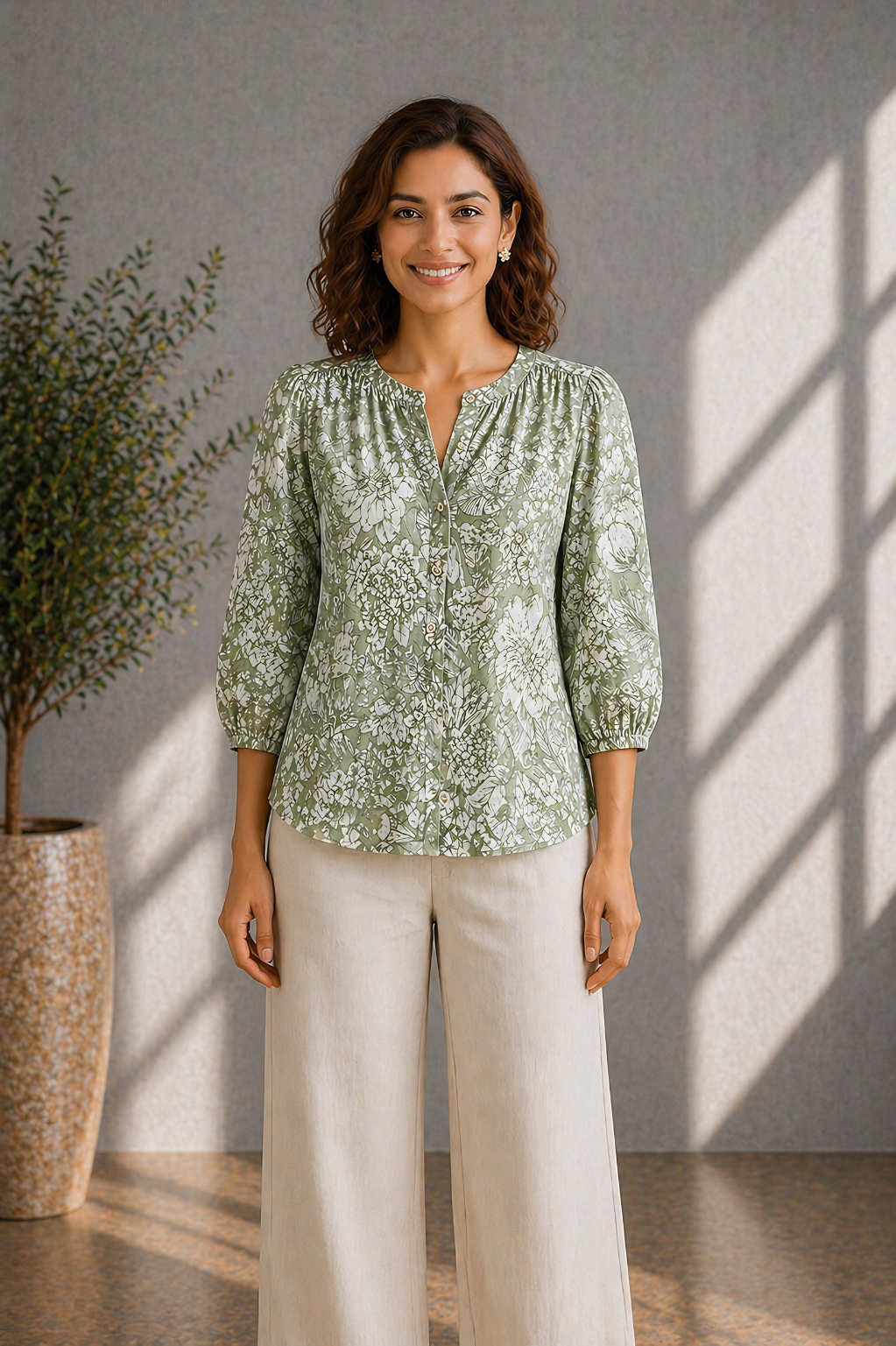 Sage green floral top with puff sleeves for women