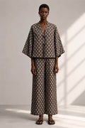 Model wearing a mocha block print cotton co-ord set by Gehru Label.