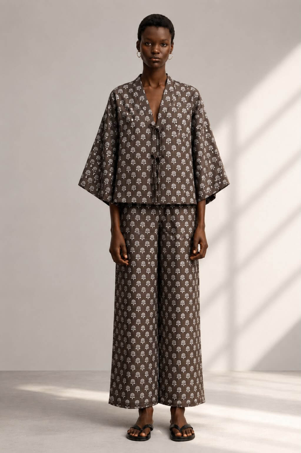 Model wearing a mocha block print cotton co-ord set by Gehru Label.