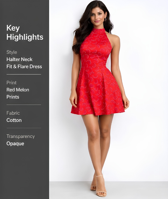 Red halter neck dress with key highlights on a gray sidebar