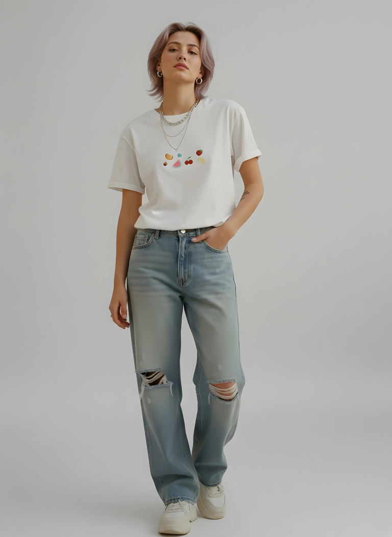 Women’s Hand Embroidered White T-Shirt