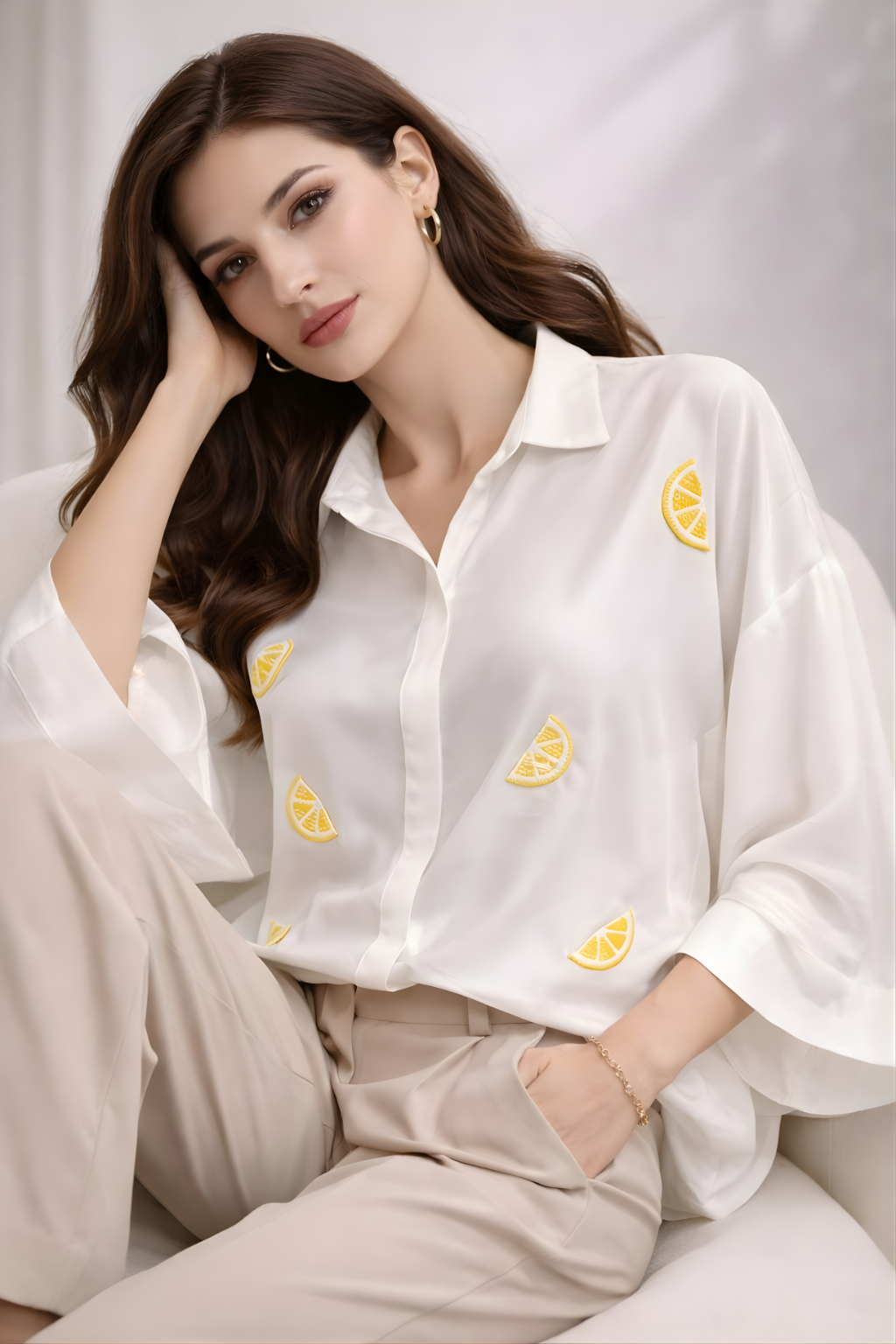 Woman wearing a white blouse with lemon embroidery on a crepe fabric