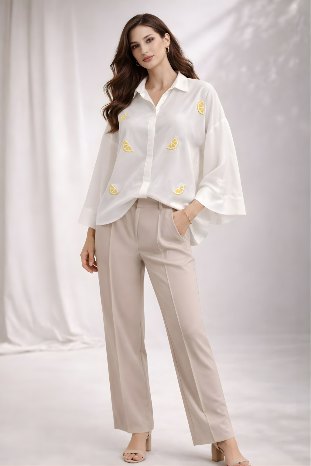 Woman wearing a white blouse with yellow patterns and beige pants on a plain background