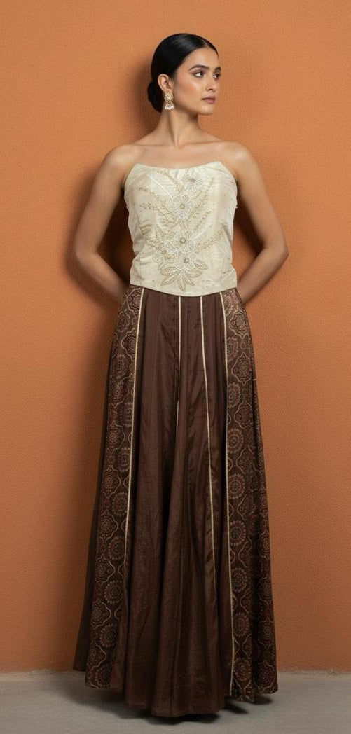 Woman wearing a strapless white lace top and brown patterned skirt against an orange background