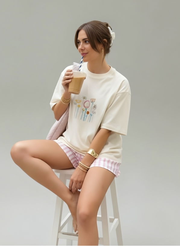 Women’s white oversized t-shirt with floral embroidery