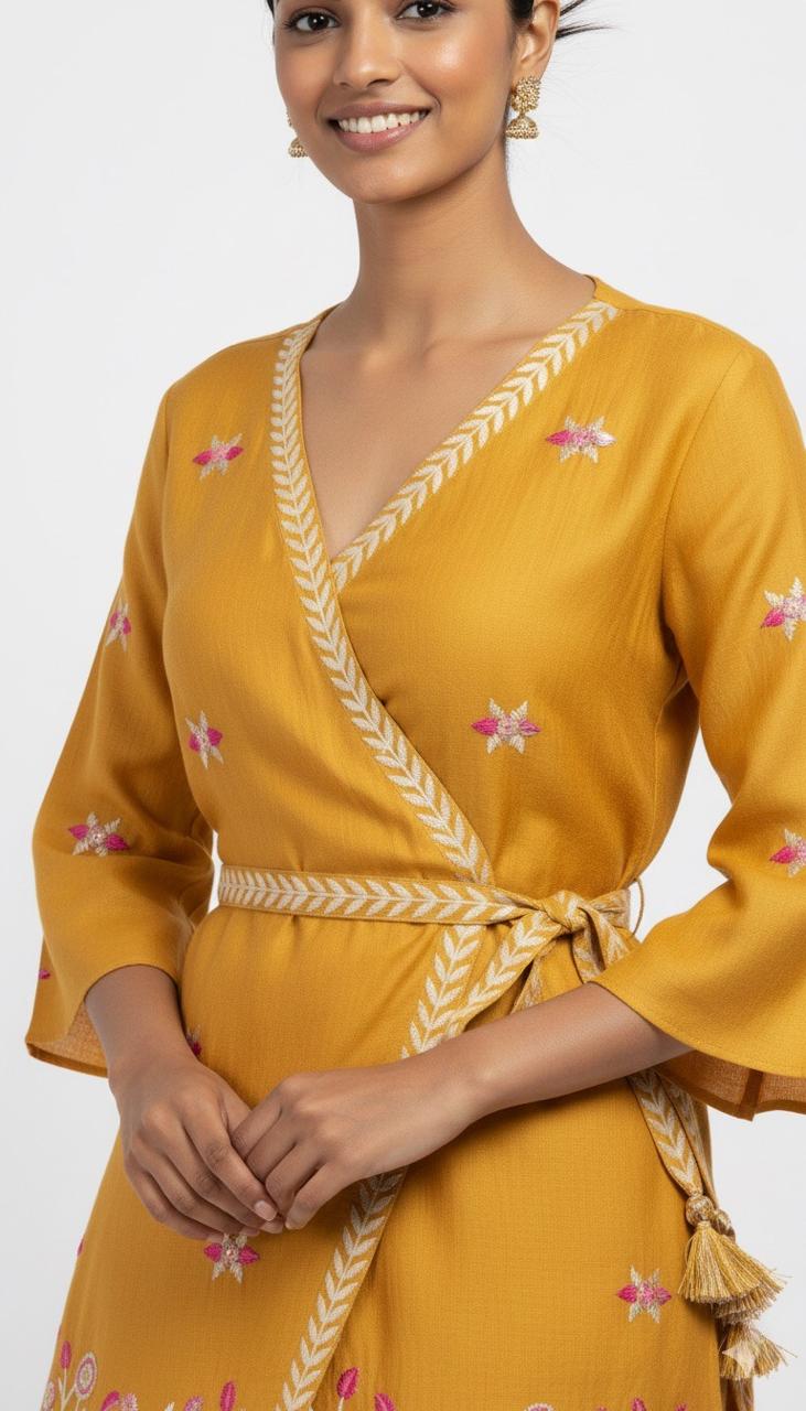 Woman wearing a mustard yellow dress with floral embroidery on a plain background