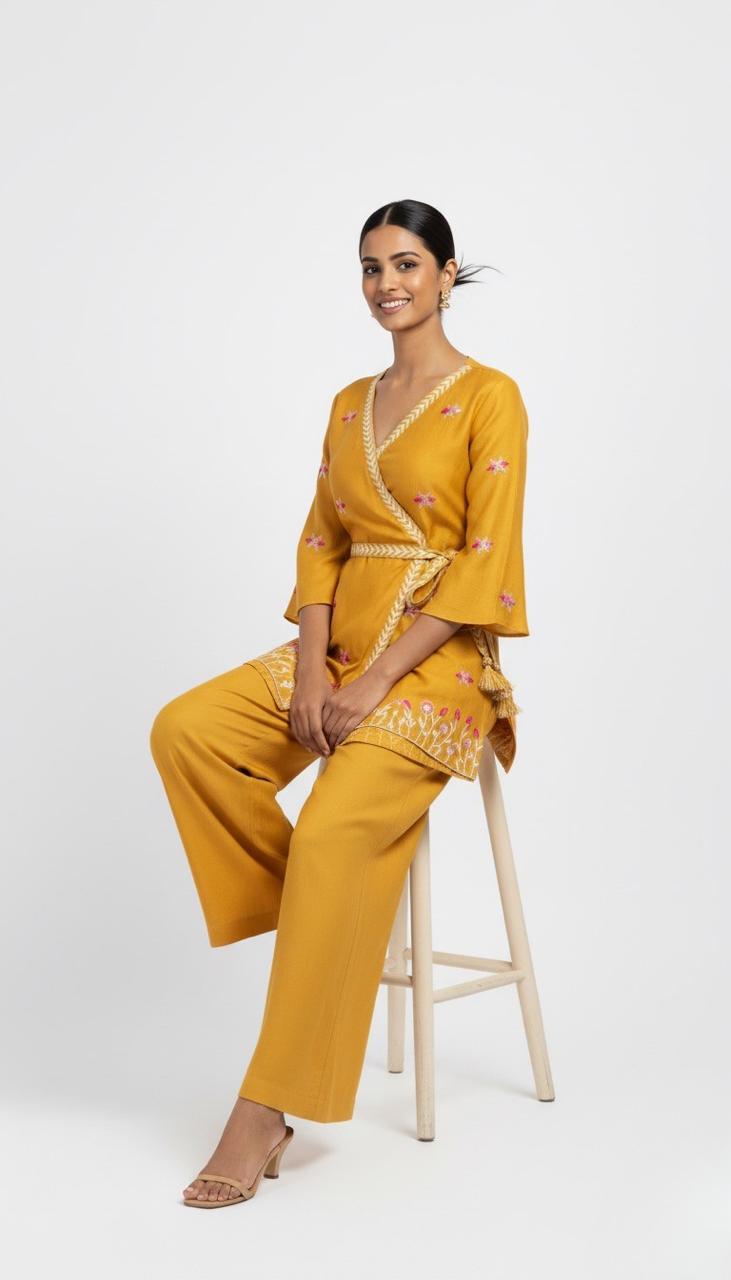 Woman wearing a mustard yellow outfit with floral patterns sitting on a stool against a white background