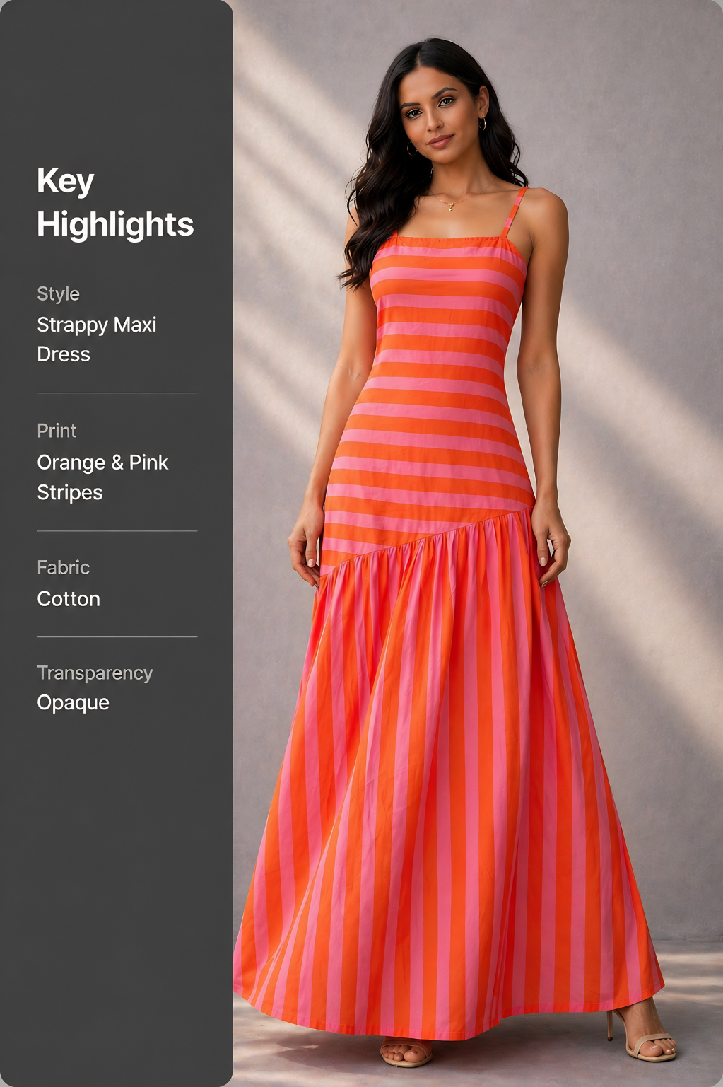 Woman wearing a red and pink striped dress with key highlights on the left.