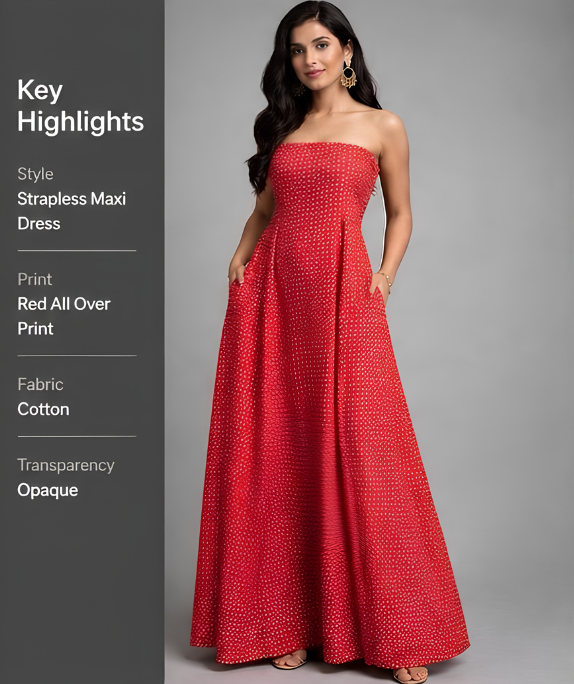Woman wearing a strapless red maxi dress with key highlights on the left.