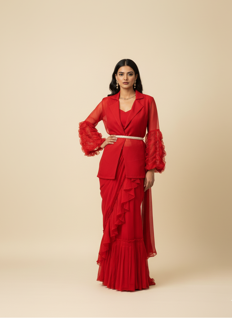 Woman wearing a red outfit with ruffled sleeves and a matching skirt on a beige background