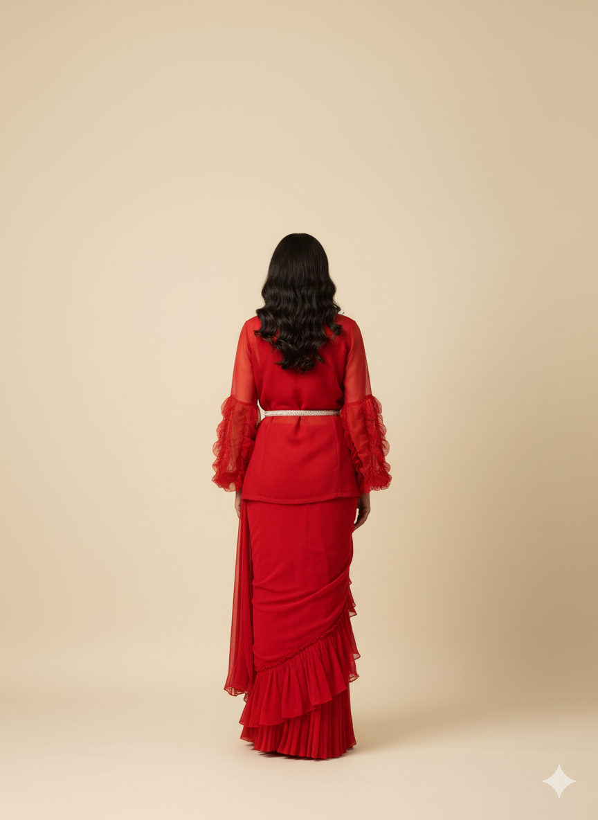 Red ruffled dress worn by a person on a beige background