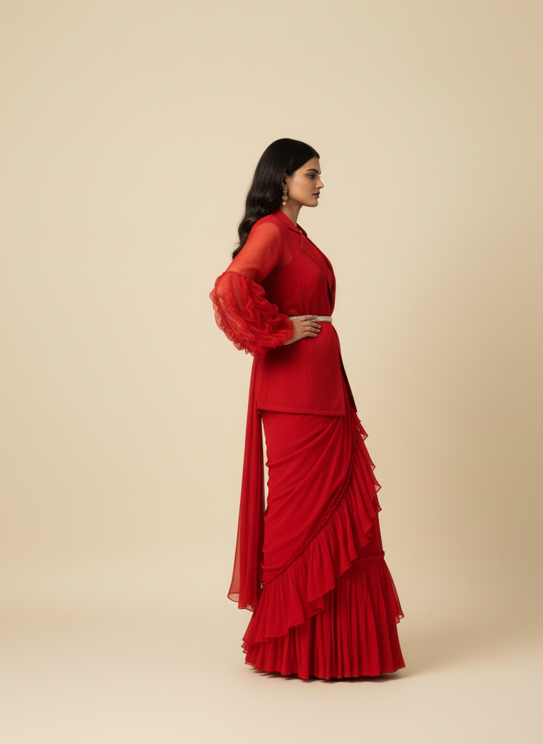 Woman wearing a red outfit on a beige background