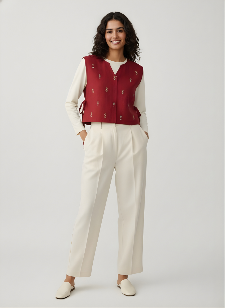 Woman wearing a red embroidered vest over a white shirt with beige pants 