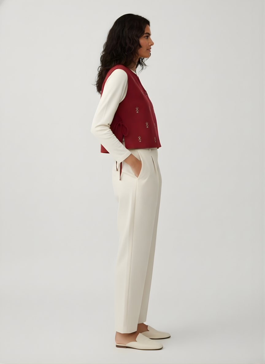 Woman wearing a red vest over a white shirt and cream pants