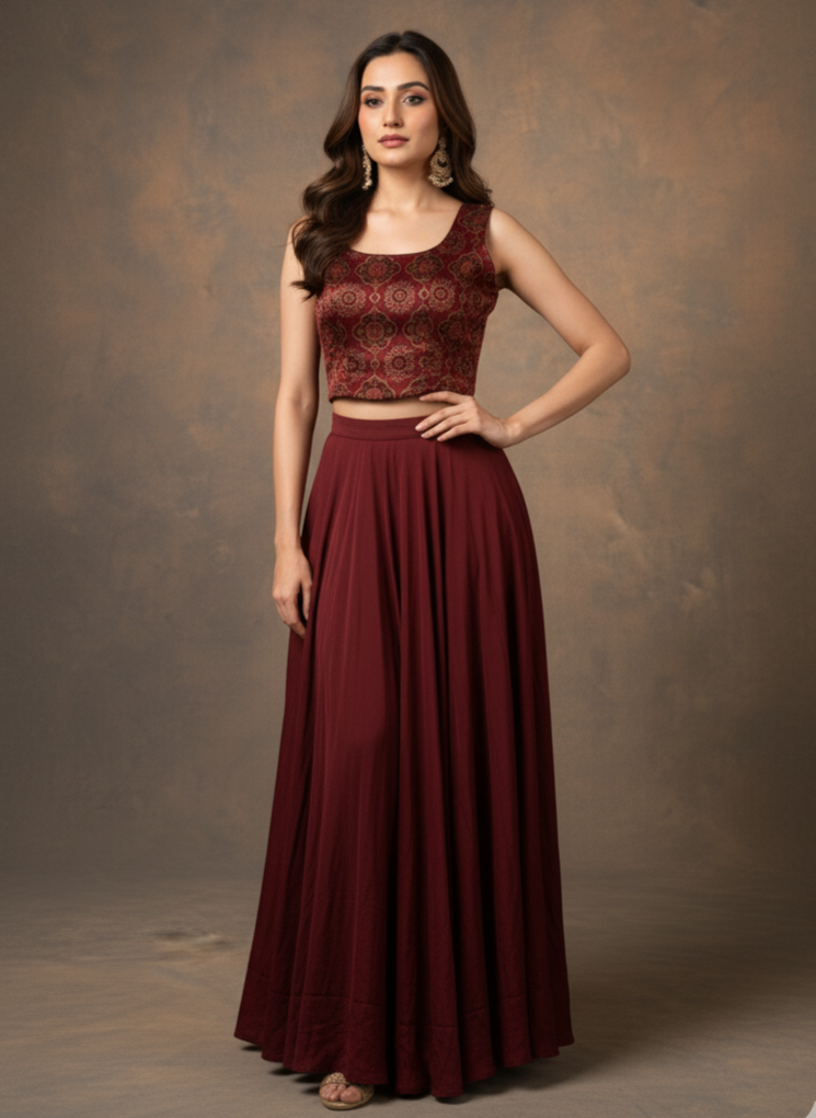 Woman wearing a maroon traditional outfit against a brown background