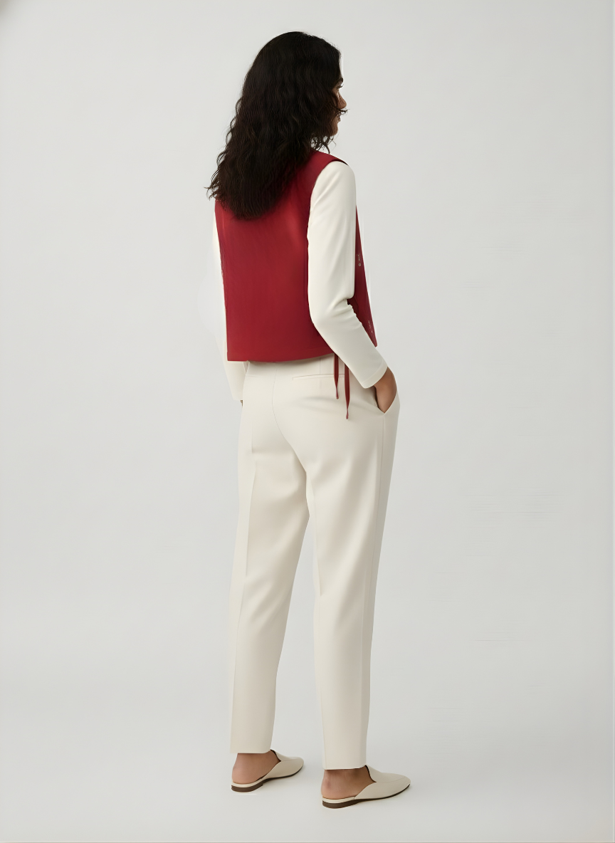 Woman wearing a red vest over a white shirt with white pants 