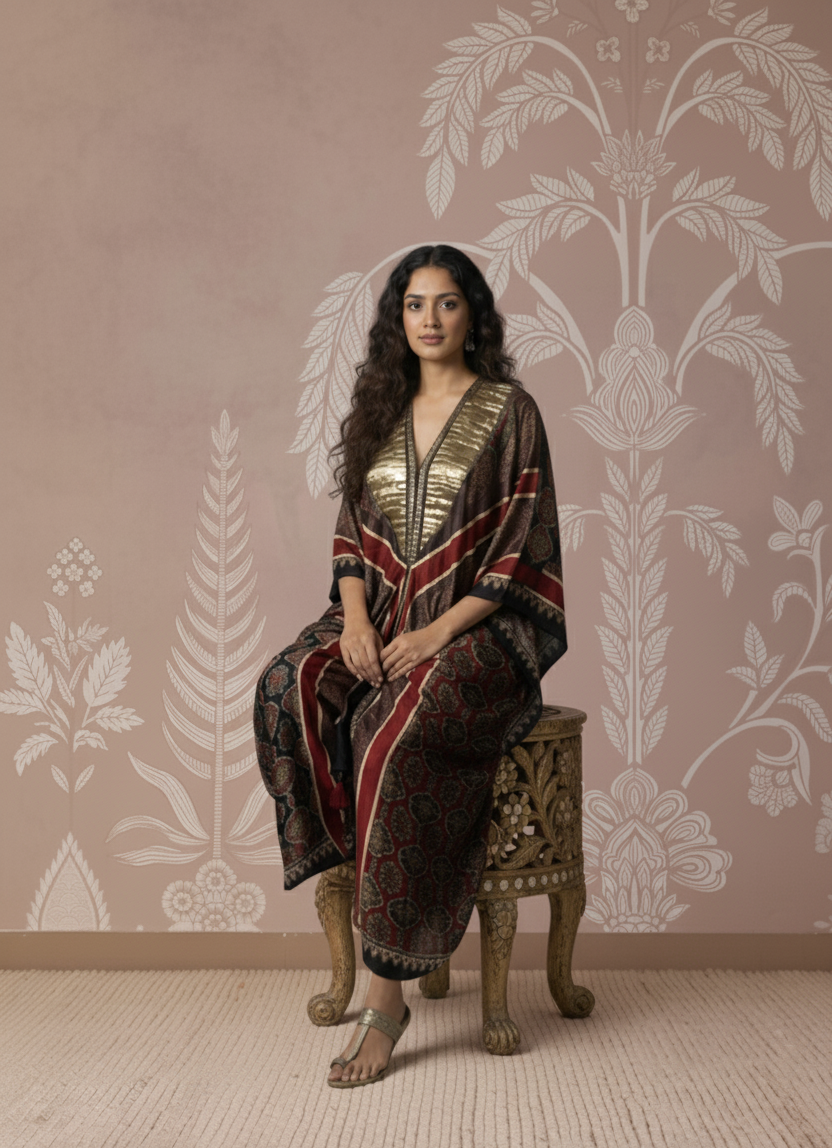Woman in traditional attire sitting on a stool against a decorative wall.