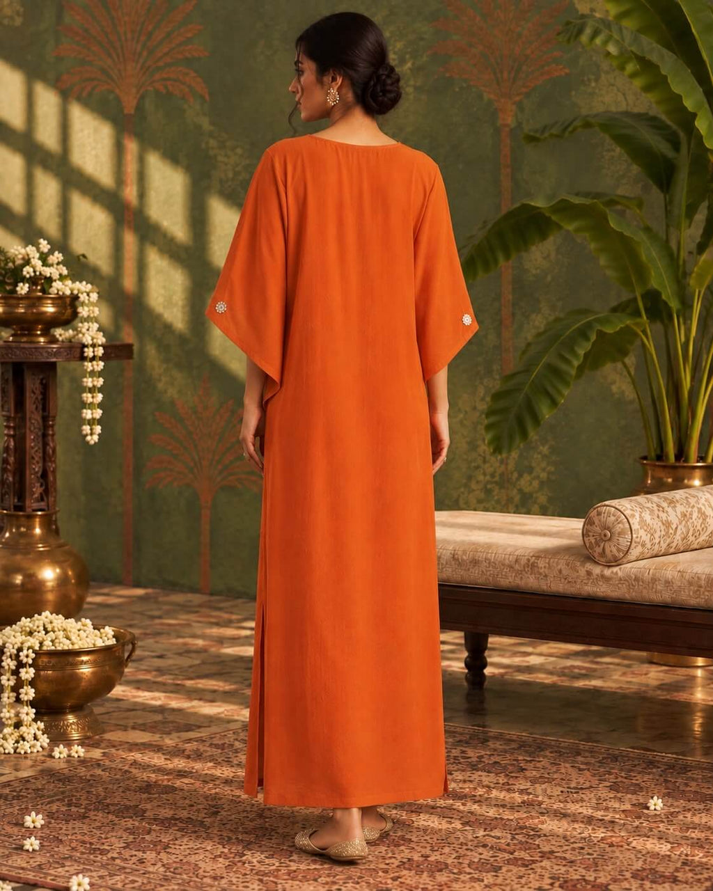 Rust orange natural crepe kaftan dress for women