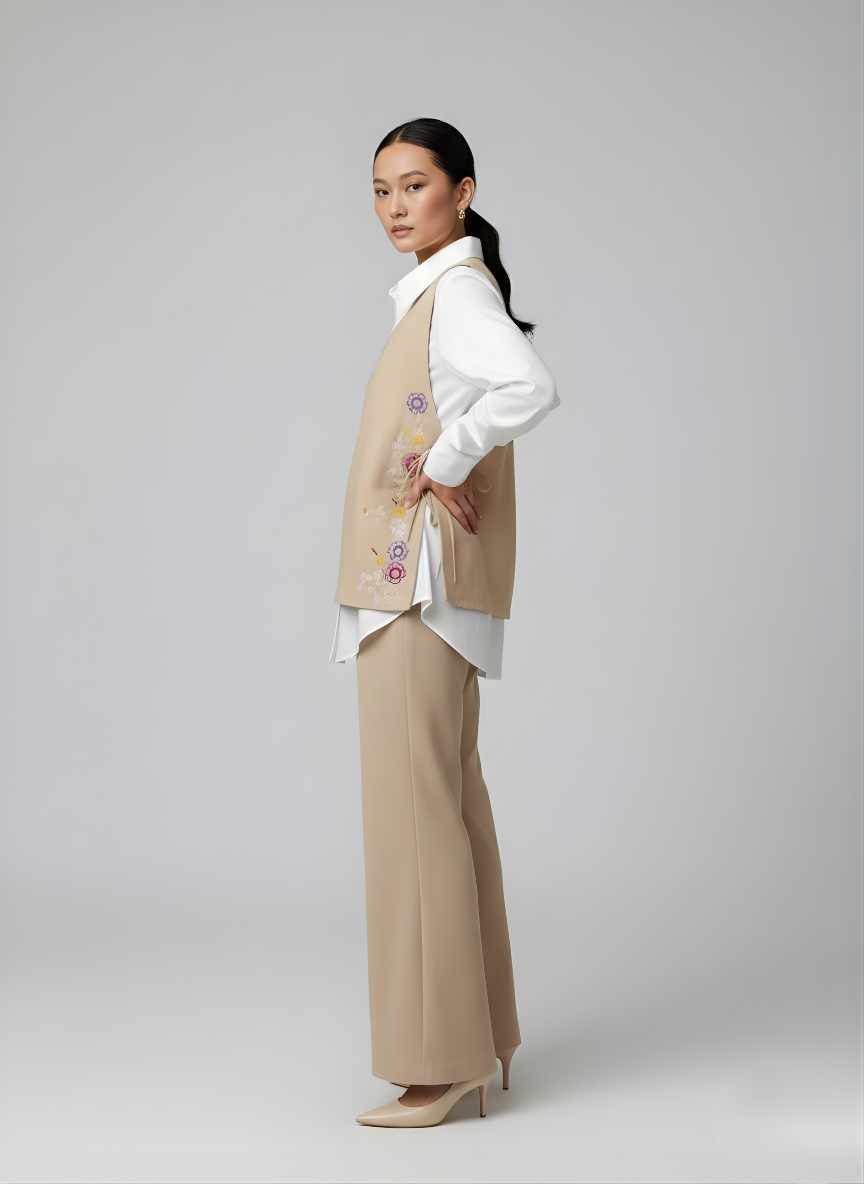 Beige Floral Embroidered Vest & White Shirt