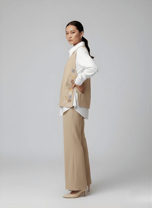 Beige Floral Embroidered Vest & White Shirt - Gehru Label