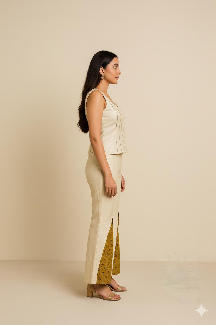 Woman wearing a light-colored outfit with a beige background