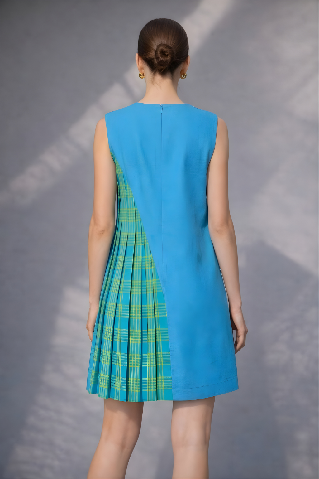 Modern blue cotton dress with asymmetric detailing