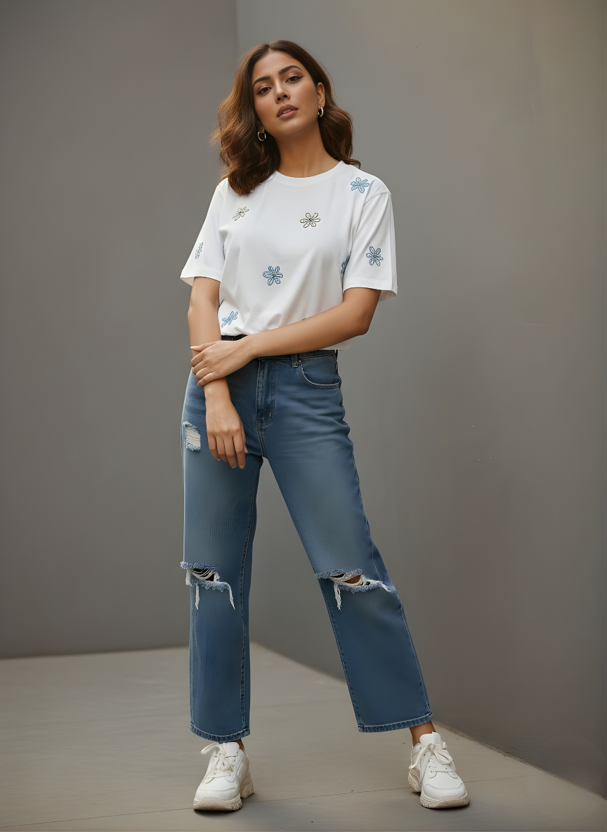 Casual white cotton tee with subtle blue floral accents for women